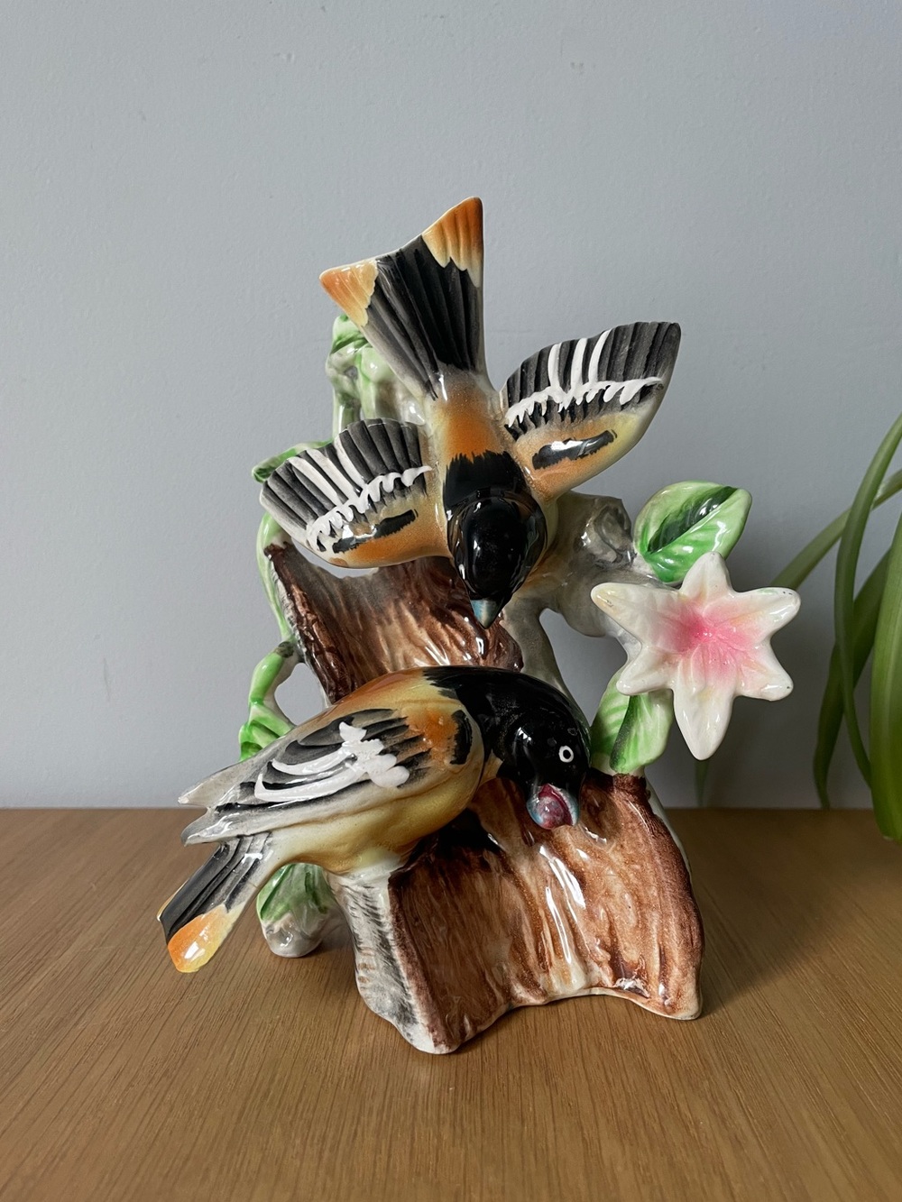 Vintage Midcentury Porcelain Orioles on Branch With Pink Flower Figurine Japan